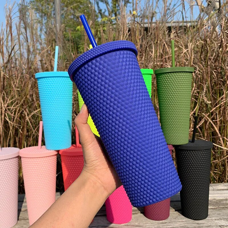 650ml Plastic Straws Cup Water Bottle Cups with Lids and Straws Large Drinking Diamond Studded Tumbler Summer Cold Bottle