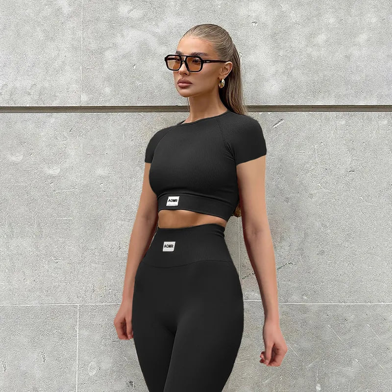 Women's  2 Piece Workout Sets Gym Yoga Sportswear Suit Fitness Short Sleeve Round Neck Crop Tops+High Waist Leggings Outfit