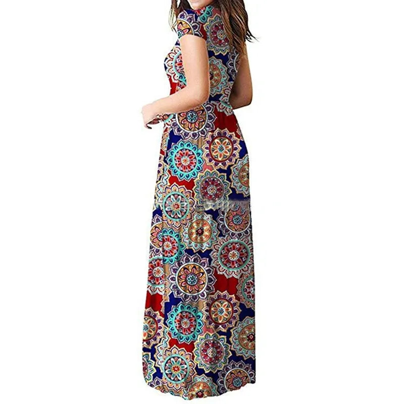 Women Dresses Summer Elegant Sexy Print Boho Beach Maxi Dress Wrap Sundress Robe Pocket Short Sleeve Casual Floor-length Dresses