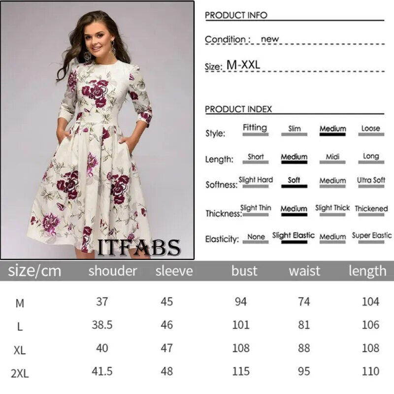 Spring AutumnOffice Lady Knee Length Elegant Vintage Long Sleeve Party Dresses Women Floral Printed Dress