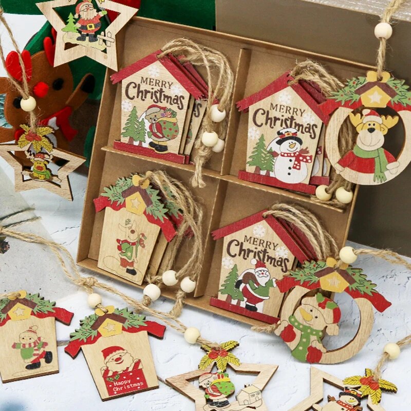 12PCS Wooden Christmas Ornaments Hanging Pendants Christmas Tree Decoration for Home New Year 2023 2022 Chirstmas Gift Wood box