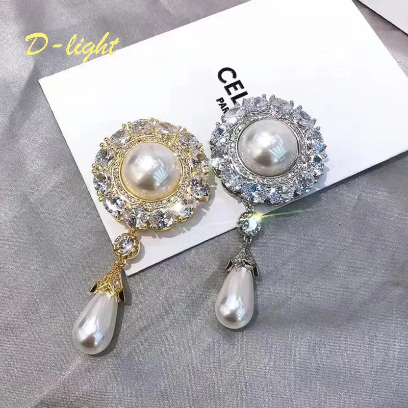 Elegant Fashion Copper Inlaid Zircon Brooch Pearl Pendant Exquisite Luxury Women Jewelry Set Dress Lapel Pin Banquet Accessories