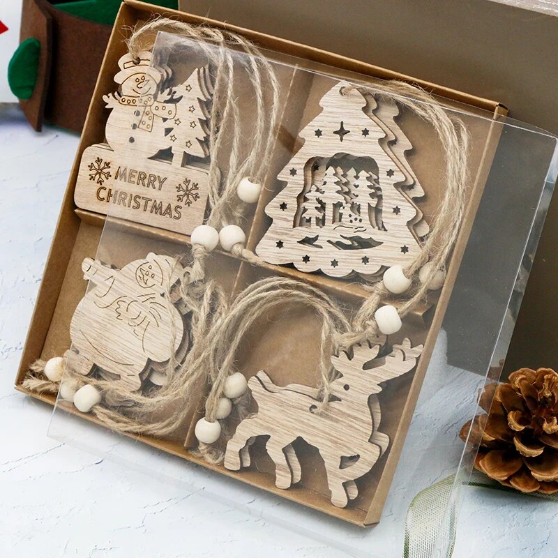 12PCS Wooden Christmas Ornaments Hanging Pendants Christmas Tree Decoration for Home New Year 2023 2022 Chirstmas Gift Wood box