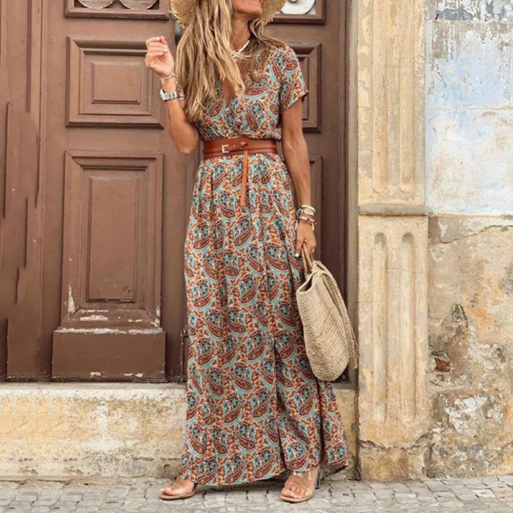 HOT SALE!! Boho Women V Neck Short Sleeve Paisley Print Belt Large Hem Beach Long Dress print dress summer beach dress with belt