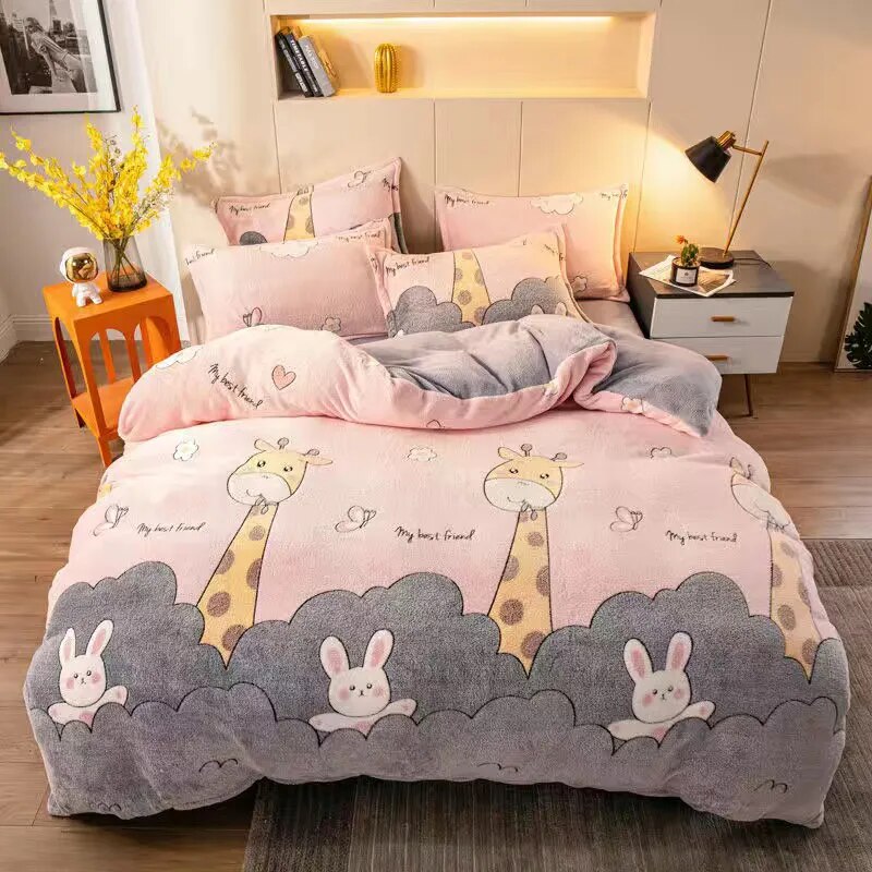 JUSTCHIC Kids Duvet Cover Unicorn Rainbow Cartoon Girls Bedding Winter Warm Thicken Snowflake Velvet Comforter Set Room Decor