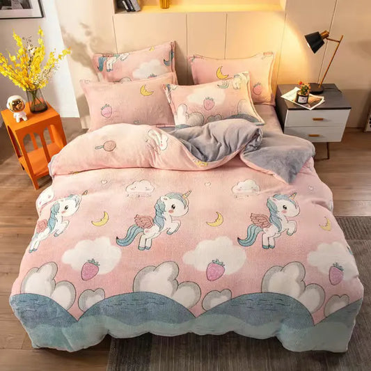 JUSTCHIC Kids Duvet Cover Unicorn Rainbow Cartoon Girls Bedding Winter Warm Thicken Snowflake Velvet Comforter Set Room Decor