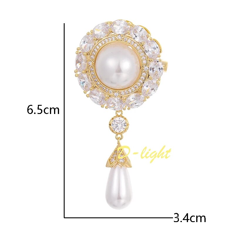 Elegant Fashion Copper Inlaid Zircon Brooch Pearl Pendant Exquisite Luxury Women Jewelry Set Dress Lapel Pin Banquet Accessories