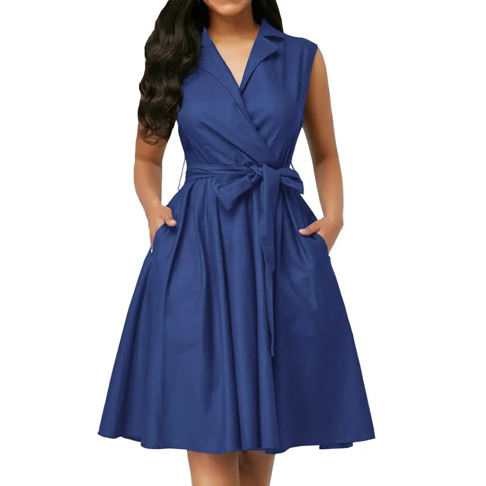 Women Dresses Sleeveless Notched Solid Navy Blue With Bow Sashes Summer A-line Beach Office Dress 2023 burgundy Party Vestidos