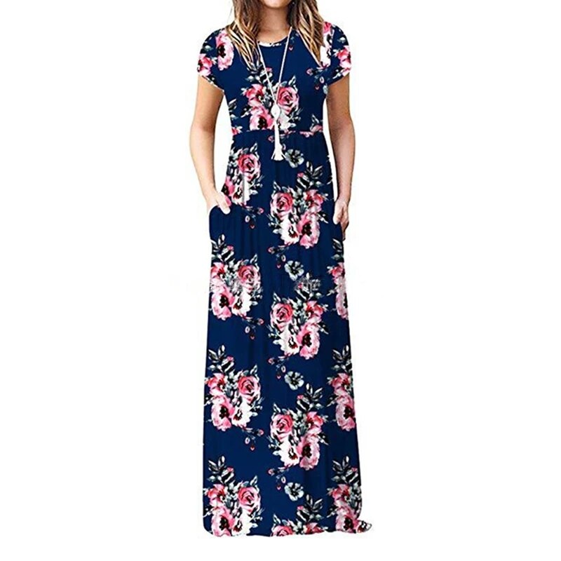 Women Dresses Summer Elegant Sexy Print Boho Beach Maxi Dress Wrap Sundress Robe Pocket Short Sleeve Casual Floor-length Dresses