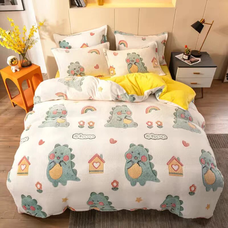 JUSTCHIC Kids Duvet Cover Unicorn Rainbow Cartoon Girls Bedding Winter Warm Thicken Snowflake Velvet Comforter Set Room Decor