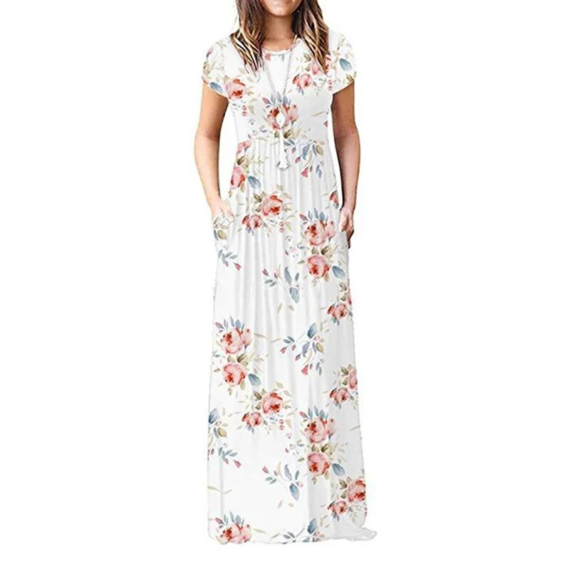 Women Dresses Summer Elegant Sexy Print Boho Beach Maxi Dress Wrap Sundress Robe Pocket Short Sleeve Casual Floor-length Dresses