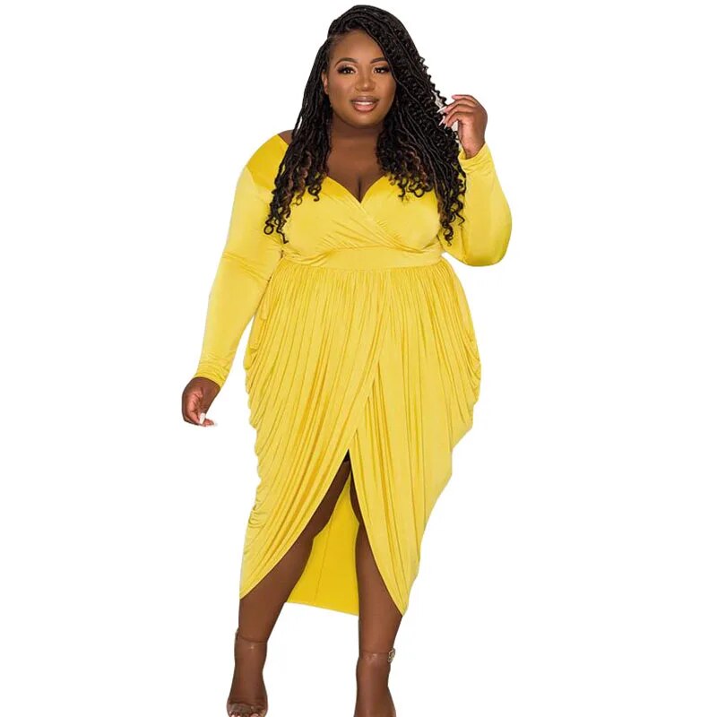 Fall Plus Size Dresses Women Clothing Ladies V Neck Long Sleeve Dress Solid Color Draped Midi Dress Dropshipping Wholesale