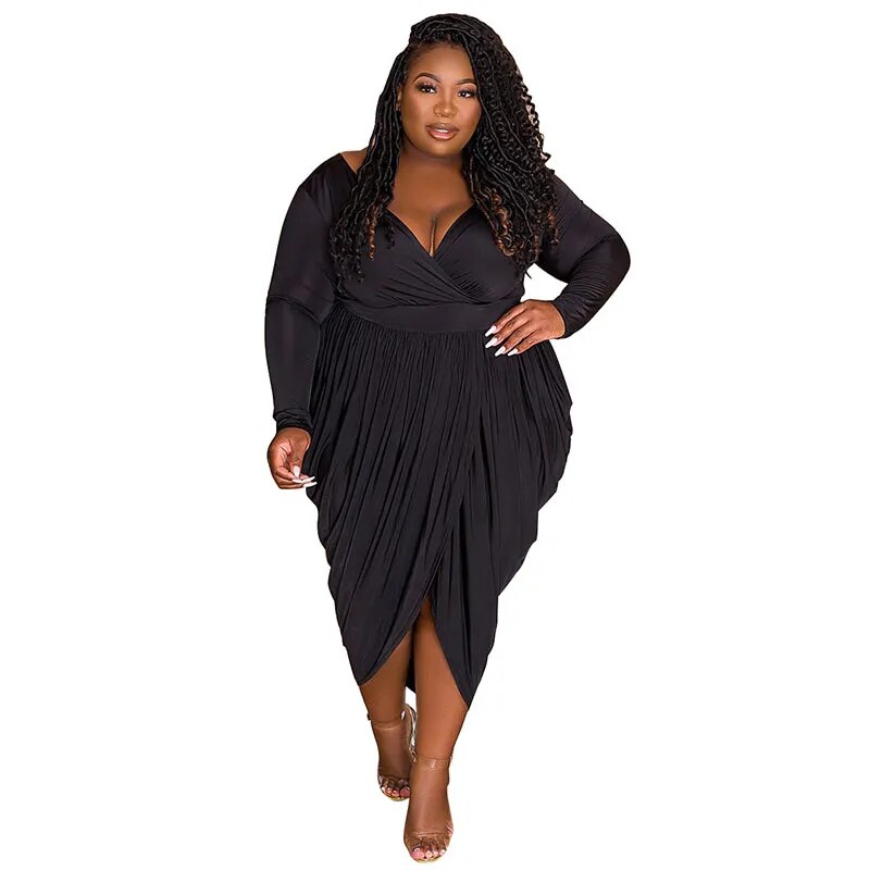 Fall Plus Size Dresses Women Clothing Ladies V Neck Long Sleeve Dress Solid Color Draped Midi Dress Dropshipping Wholesale