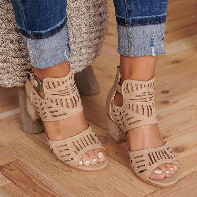 2020 Summer Women Sandals Mid Heel Stylish Slip-on Buckle Ladies Shoes Artificial Open Toe Casual Female Sandalias Wedding Pumps