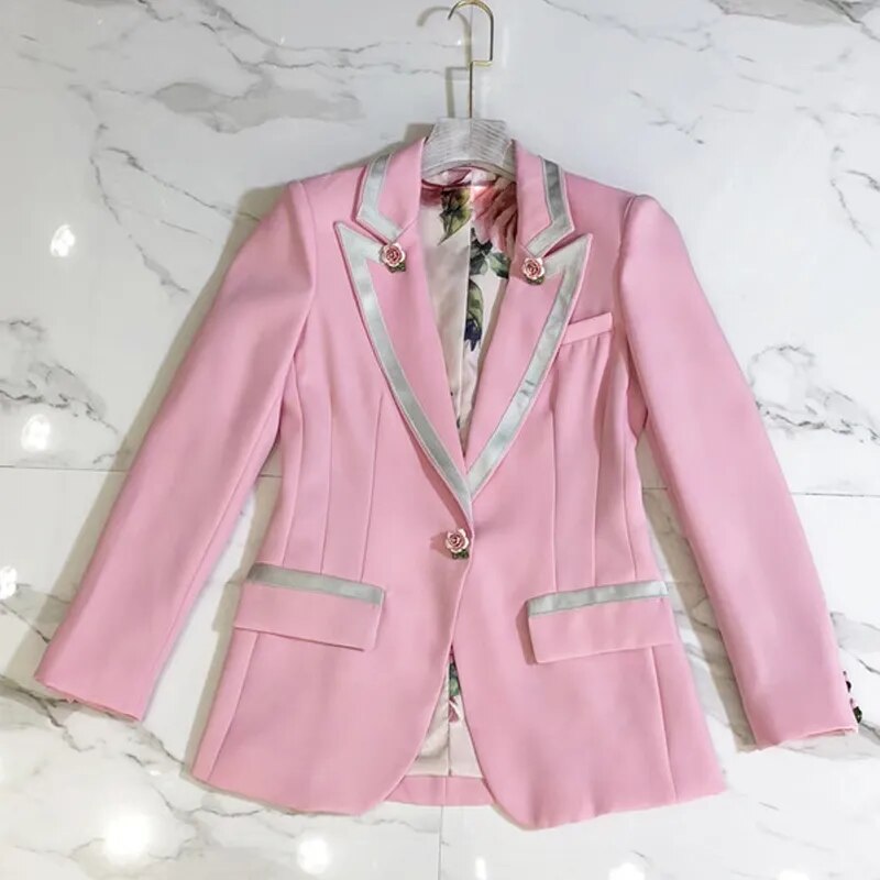 HIGH STREET Newest Fashion 2023 Designer Blazer Women's Long Sleeve Floral Lining Rose Buttons Pink Blazer Outer Jacket