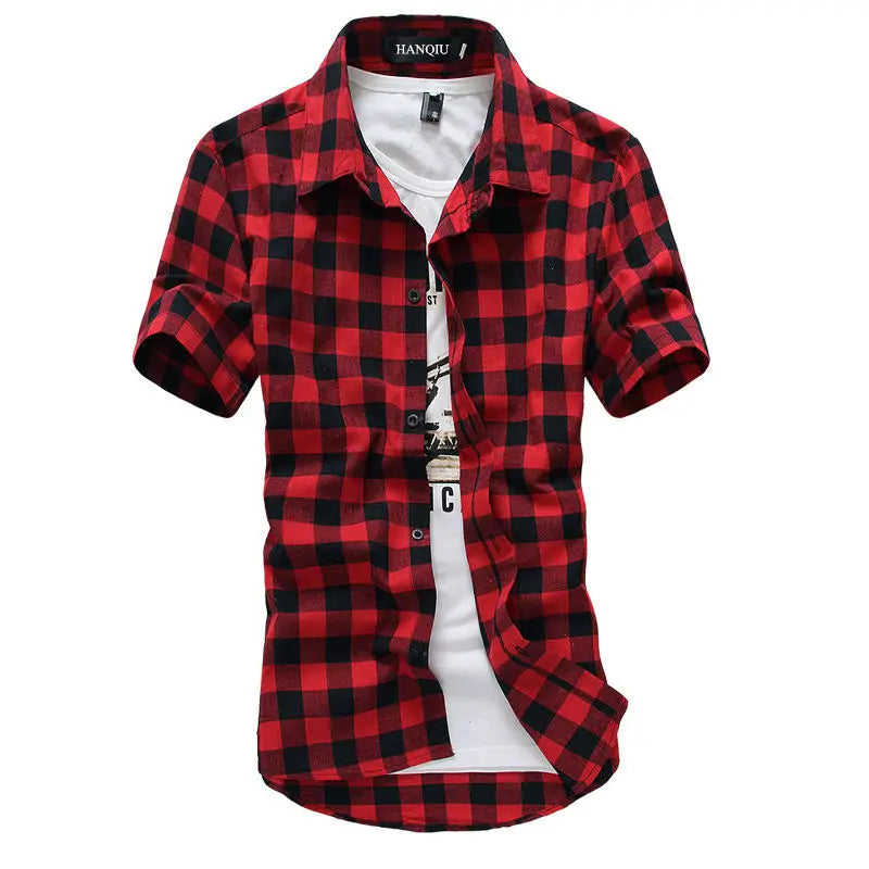 Red And Navy Plaid Shirt Men Shirts 2023 New Summer Fashion Chemise Homme Mens Checkered Shirts Short Sleeve Shirt Men Blouse