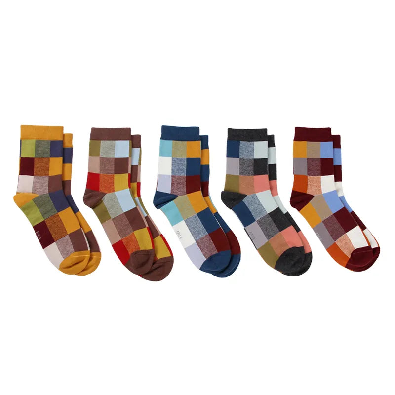 5 Pairs/Lot Combed Cotton Men's Socks Compression Socks Fashion Colorful Square Happy Dress Socks Men Size 39-45