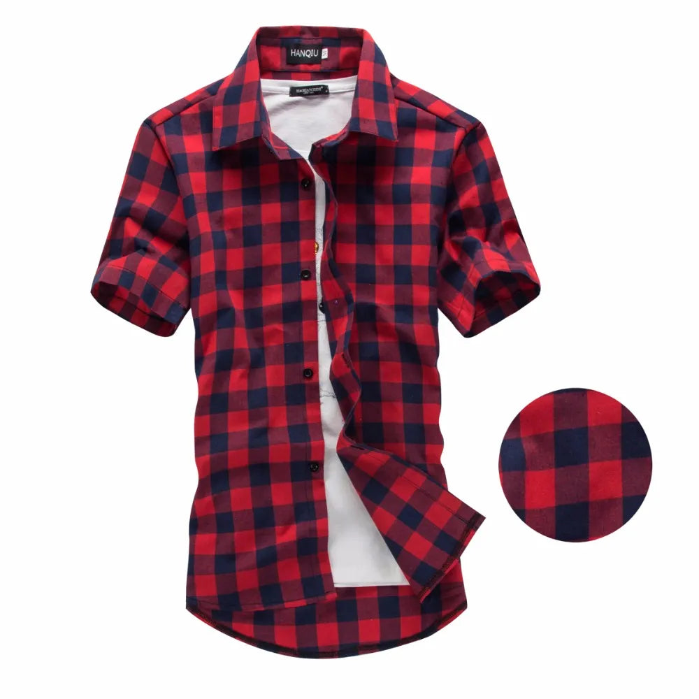 Red And Navy Plaid Shirt Men Shirts 2023 New Summer Fashion Chemise Homme Mens Checkered Shirts Short Sleeve Shirt Men Blouse