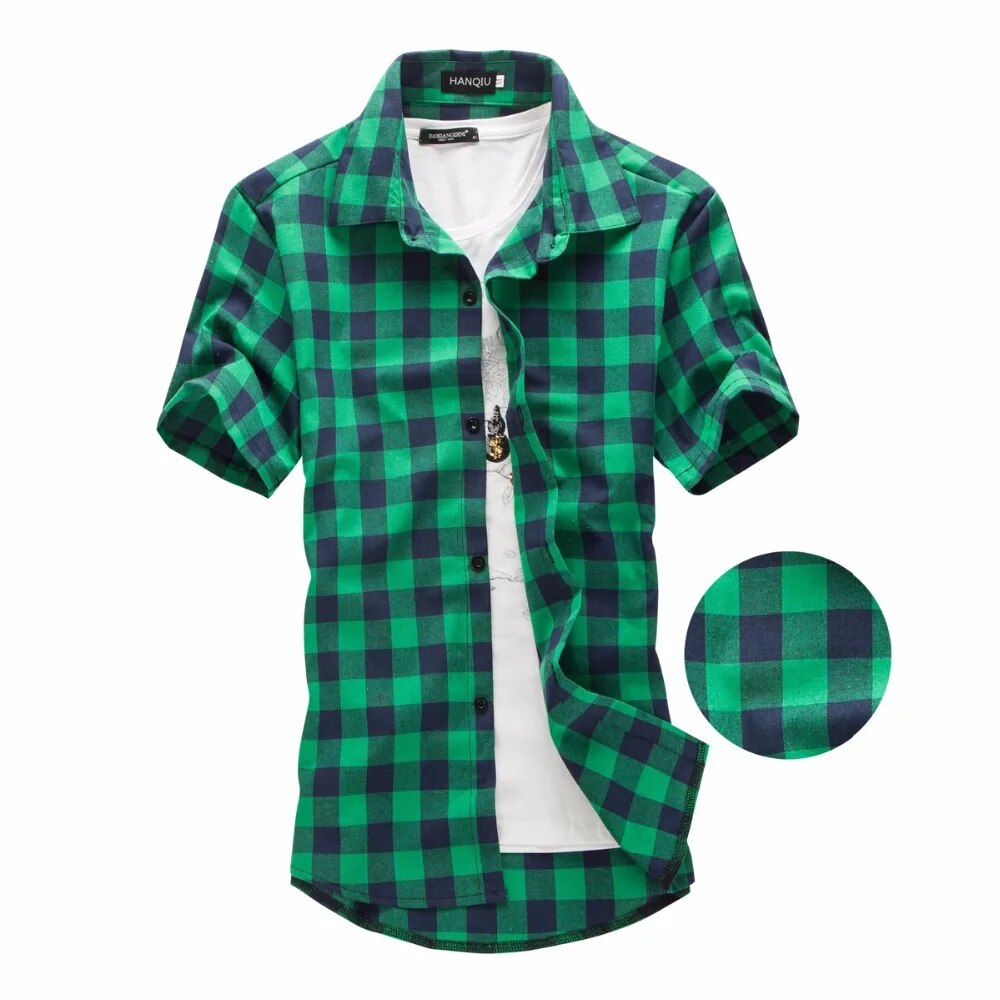 Red And Navy Plaid Shirt Men Shirts 2023 New Summer Fashion Chemise Homme Mens Checkered Shirts Short Sleeve Shirt Men Blouse