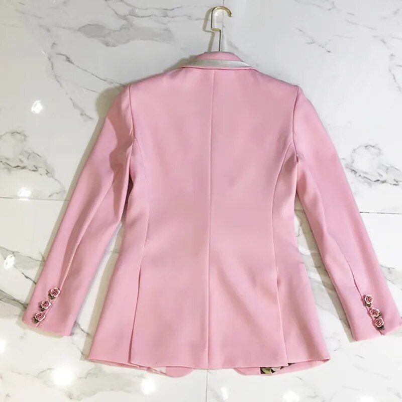 HIGH STREET Newest Fashion 2023 Designer Blazer Women's Long Sleeve Floral Lining Rose Buttons Pink Blazer Outer Jacket