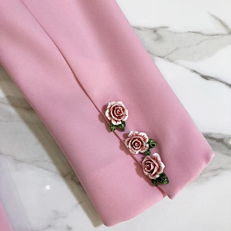 HIGH STREET Newest Fashion 2023 Designer Blazer Women's Long Sleeve Floral Lining Rose Buttons Pink Blazer Outer Jacket