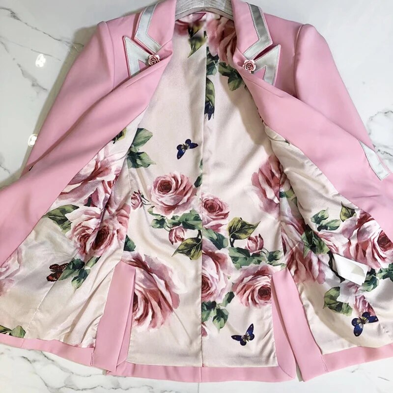 HIGH STREET Newest Fashion 2023 Designer Blazer Women's Long Sleeve Floral Lining Rose Buttons Pink Blazer Outer Jacket