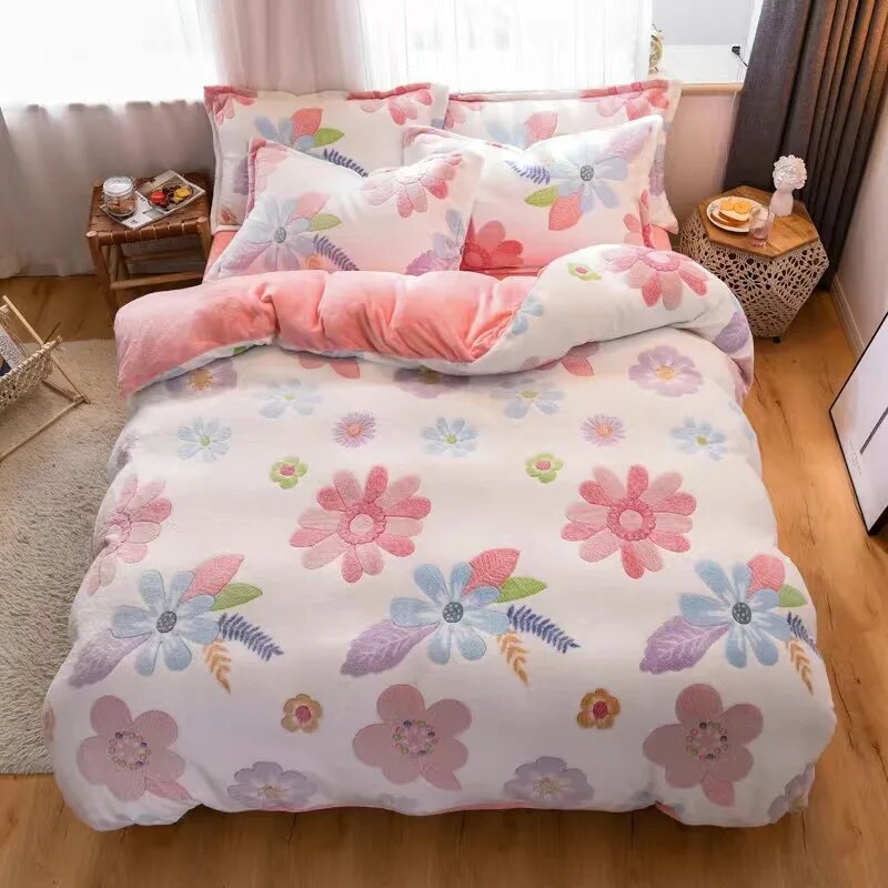 JUSTCHIC Kids Duvet Cover Unicorn Rainbow Cartoon Girls Bedding Winter Warm Thicken Snowflake Velvet Comforter Set Room Decor