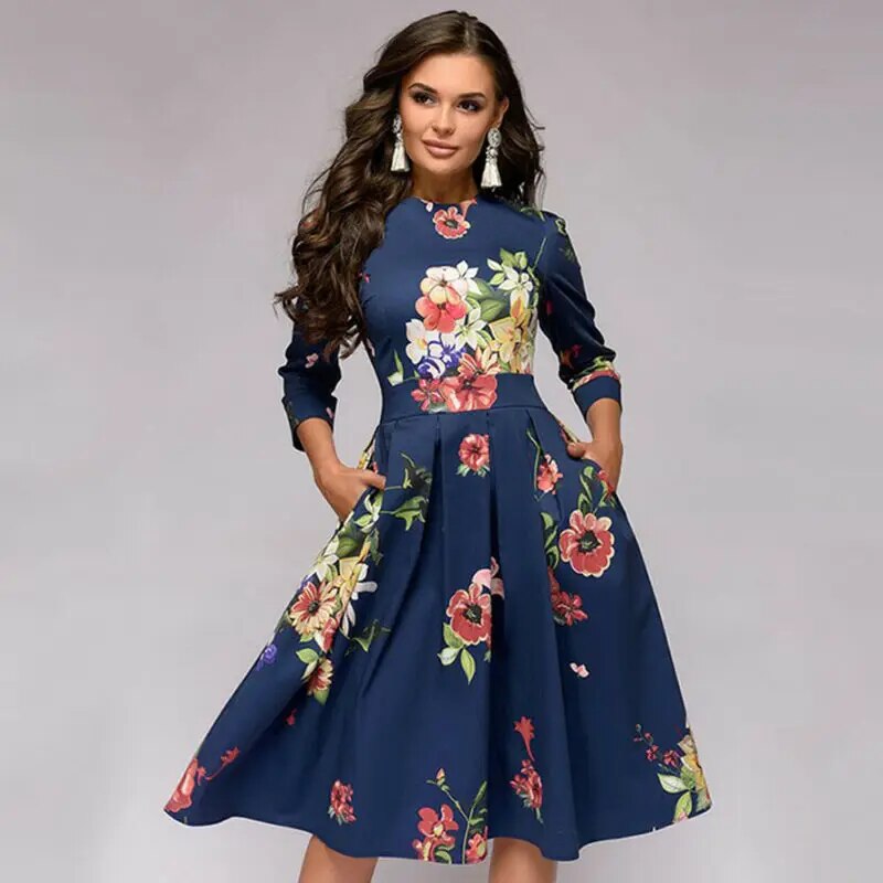 Spring AutumnOffice Lady Knee Length Elegant Vintage Long Sleeve Party Dresses Women Floral Printed Dress