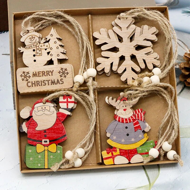 12PCS Wooden Christmas Ornaments Hanging Pendants Christmas Tree Decoration for Home New Year 2023 2022 Chirstmas Gift Wood box