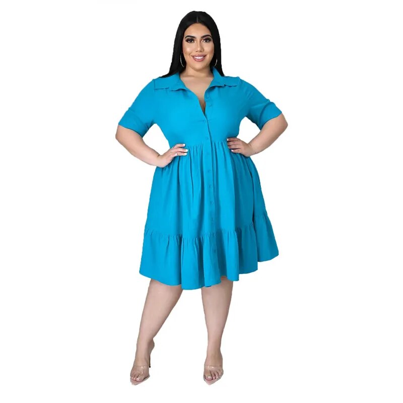 New Plus Size Dresses Women Summer Wholesale Solid Buttons Casual Turn Down Collar Knee Length Ruffle Shirt Dress Dropshipping