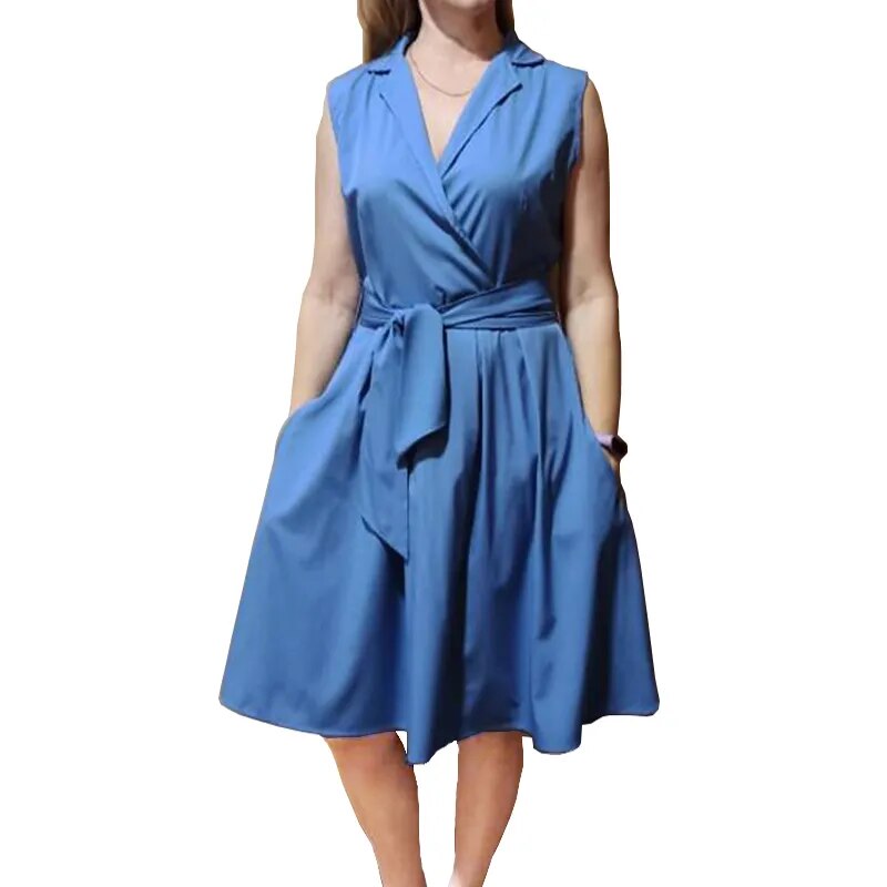 Women Dresses Sleeveless Notched Solid Navy Blue With Bow Sashes Summer A-line Beach Office Dress 2023 burgundy Party Vestidos