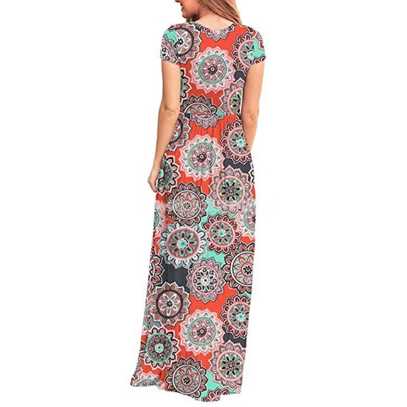 Women Dresses Summer Elegant Sexy Print Boho Beach Maxi Dress Wrap Sundress Robe Pocket Short Sleeve Casual Floor-length Dresses