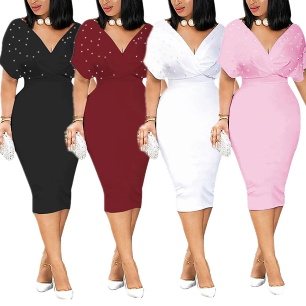 2022 Summer Slim Dresses Women V Neck with Bead Classy Lady Work Office Wear Bodycon 3XL Elegant Modest Femme Clothes