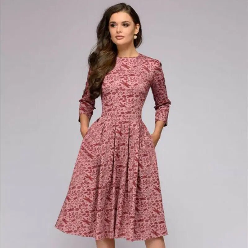 Spring AutumnOffice Lady Knee Length Elegant Vintage Long Sleeve Party Dresses Women Floral Printed Dress