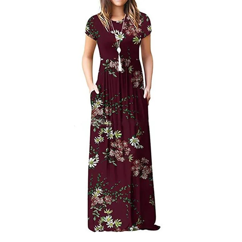 Women Dresses Summer Elegant Sexy Print Boho Beach Maxi Dress Wrap Sundress Robe Pocket Short Sleeve Casual Floor-length Dresses