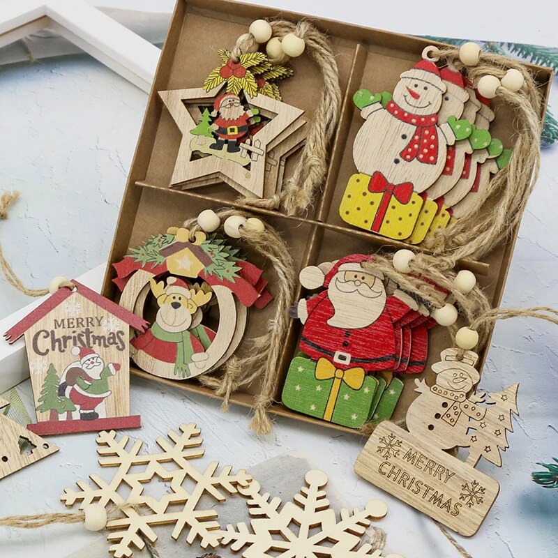 12PCS Wooden Christmas Ornaments Hanging Pendants Christmas Tree Decoration for Home New Year 2023 2022 Chirstmas Gift Wood box