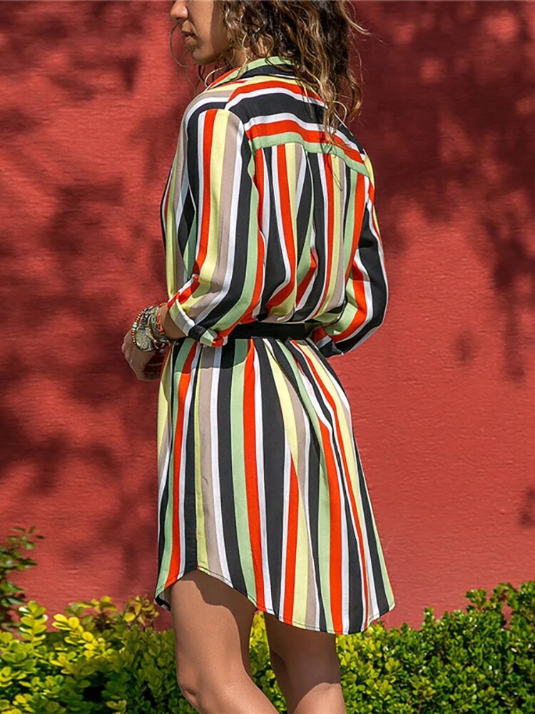 Aachoae Long Sleeve Shirt Dress 2021 Summer Boho Beach Dresses Women Casual Striped Print A-line Mini Party Dress Vestidos