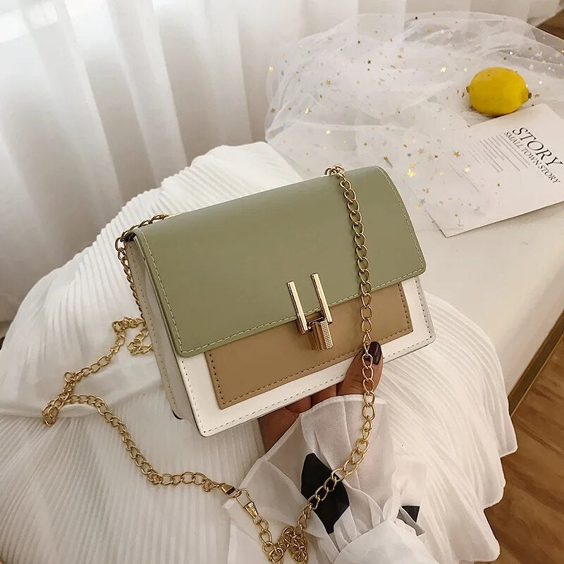 2023 Fashion Small Women Bags All-match Chain Shoulder Bag Ladies Hit Color Stitching Bag Messenger Bag PU Mini Square Bag Purse