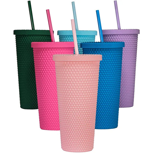 650ml Plastic Straws Cup Water Bottle Cups with Lids and Straws Large Drinking Diamond Studded Tumbler Summer Cold Bottle