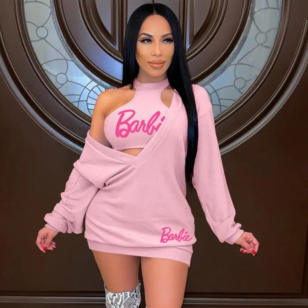 New Kawaii 2Pcs Barbie Girls Vest Sweater Dress Suit Anime Sexy Summer Autumn Women Casual All-Match Sports Hoodies Skirt Gifts