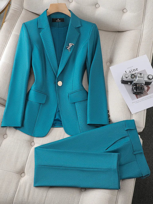 Ladies Blazer And Pant Suit Women Green Purple Blue Black Solid Formal Jacket Trouser Female Business Work Wear 2 Piece Set