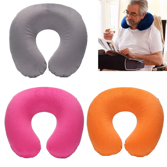 U-shaped Travel Pillow Car Air Flight Office Inflatable Neck Pillow Short Plush Cover PVC Support Headrest Soft Nursing Cushion