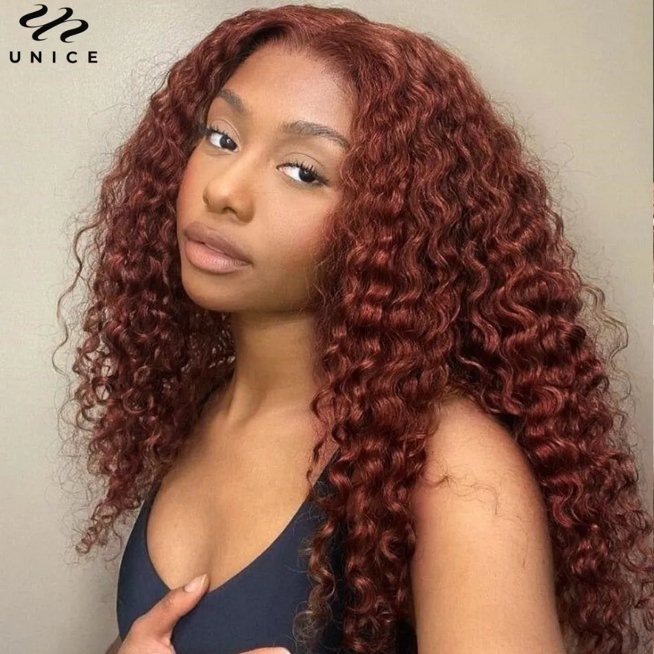 UNice Hair Deep Curly Wear Go Glueless Wig Human Hair 6x4.75 Pre-Cut Lace Closure Wig Stunning 33B Reddish Brown Wig for Women