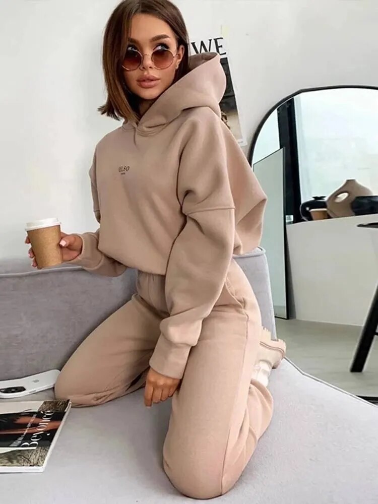 Women 2 Piece Set Sweatshirt Suit Solid Long Sleeve Hooded Top Elastic Waist Pant Ladies 2022 Spring Fleece Streetwear Outfits