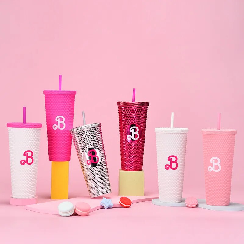 710ML Large Capacity Coffee Cup Straw Summer Cold Water Cup with Lid Reusable Cups Plastic Tumbler Matte Shine Pink Bow Mug Gift