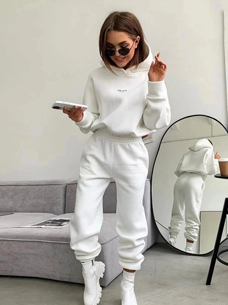 Women 2 Piece Set Sweatshirt Suit Solid Long Sleeve Hooded Top Elastic Waist Pant Ladies 2022 Spring Fleece Streetwear Outfits