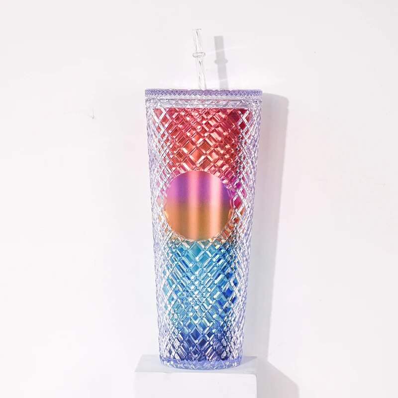 Diamond Radiant Goddess Cup With LOGO 710ml Summer Cold Water Cup Tumbler With Straw Double Layer Plastic Durian Coffee Mug