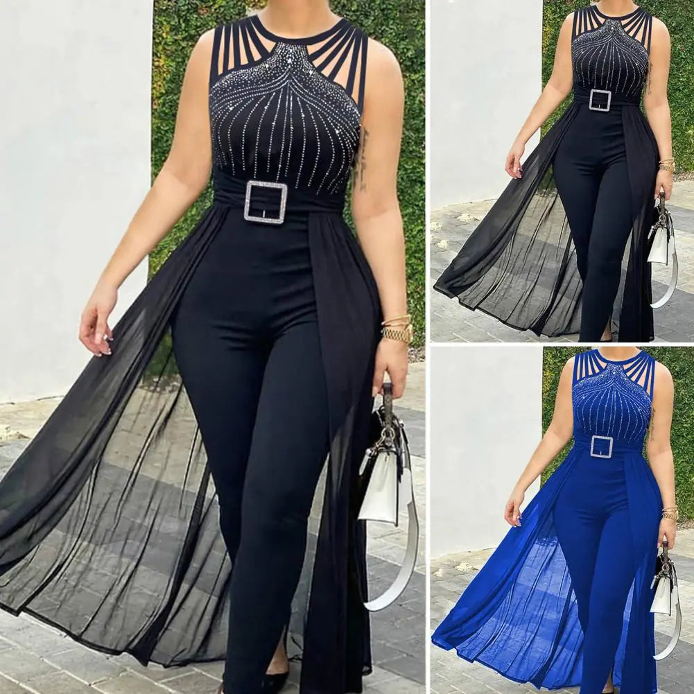 2023 Sumer Women's Sexy Round Neck Rhinestone Sheer Mesh Sleeveless Jumpsuit with Belt New Fashion Rompers Womens Jumpsuit