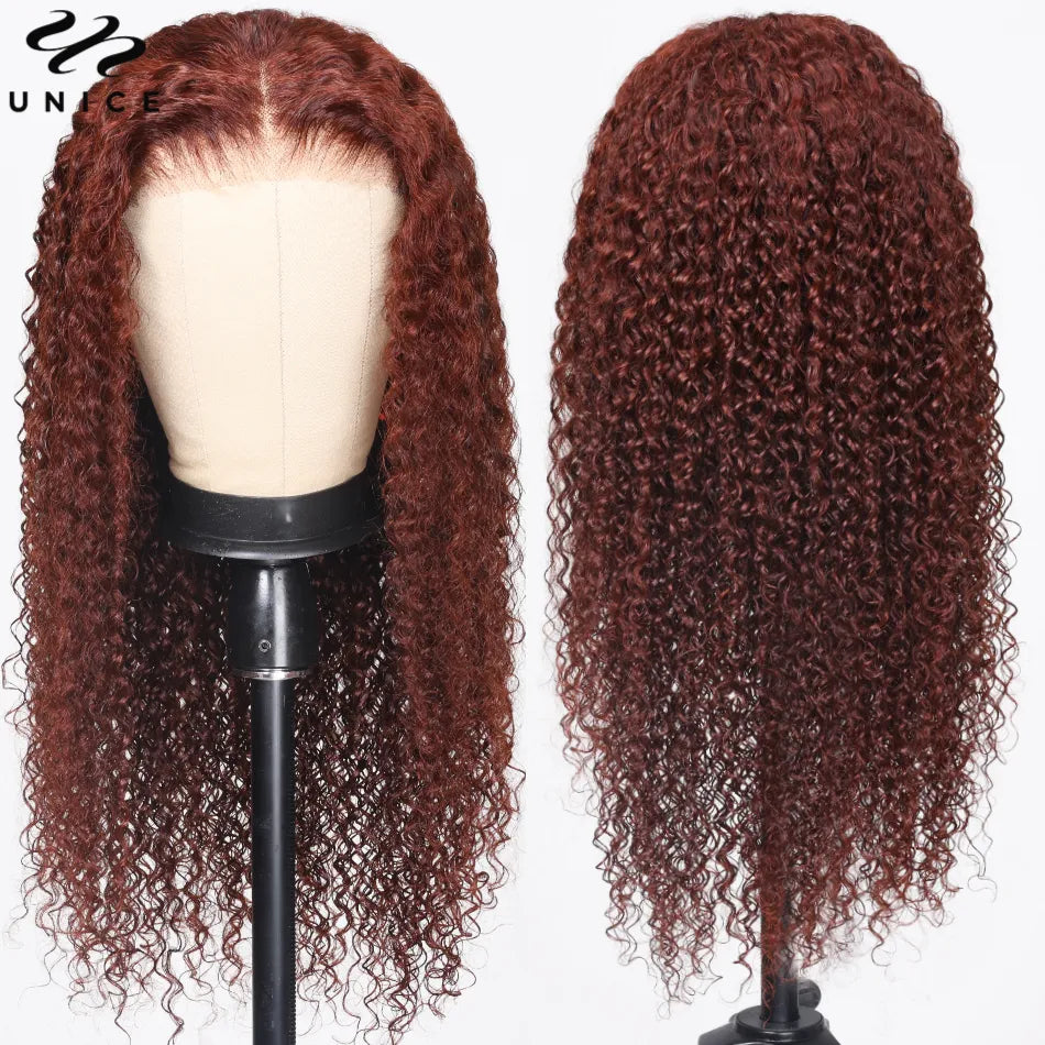 UNice Hair Deep Curly Wear Go Glueless Wig Human Hair 6x4.75 Pre-Cut Lace Closure Wig Stunning 33B Reddish Brown Wig for Women