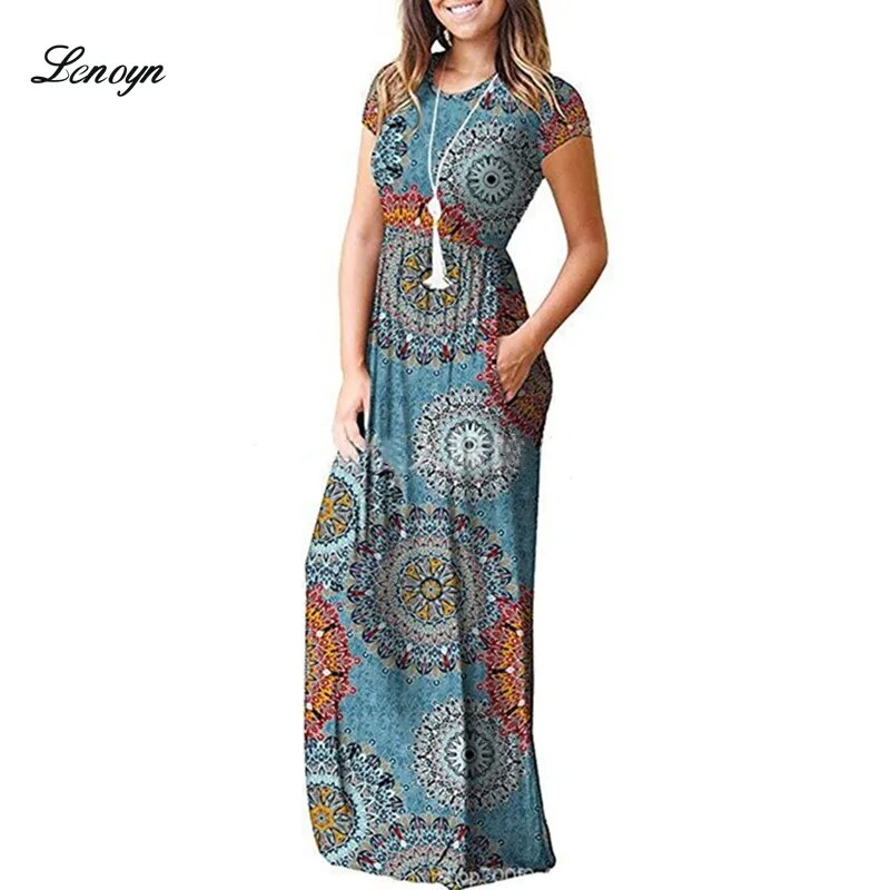 Women Dresses Summer Elegant Sexy Print Boho Beach Maxi Dress Wrap Sundress Robe Pocket Short Sleeve Casual Floor-length Dresses